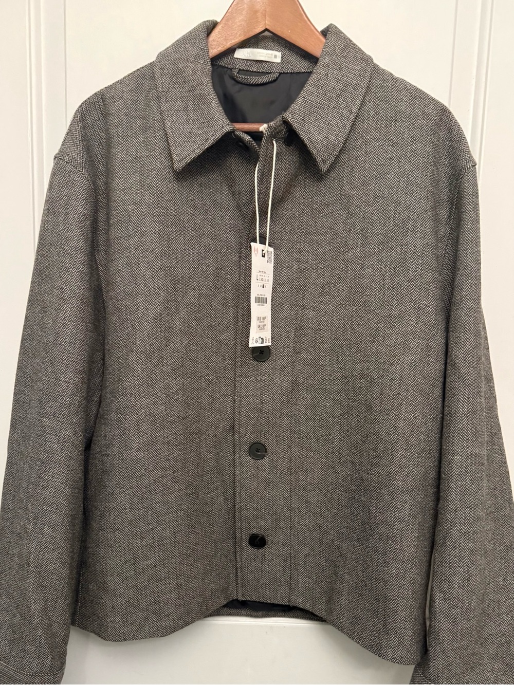Zara NWT Wool Blend Tweed Shirt Jacket in Grey/Black Herringbone - Picture 6 of 6